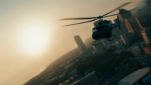Helicopter escaping from the explosion in city with fire and debris during action movie scene