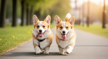 Two adorable corgis joyfully trot down a sunlit path, tongues out and tails wagging happily