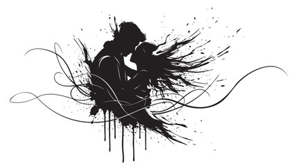 Fototapeta premium Black ink silhouette of a romantic couple sharing an intimate embrace, surrounded by artistic splatters and flourishes.