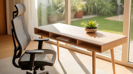Modern home office desk and ergonomic chair by a large window with natural light and greenery outside