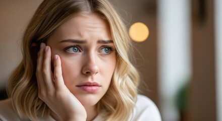 Worried young woman with hand on cheek looking away with a concerned expression