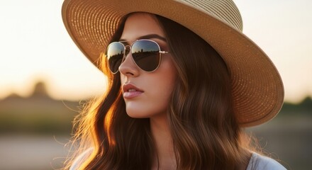 A woman with sunglasses and a hat stands in a field at sunset, looking away