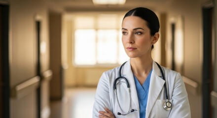 Confident female doctor stands in hospital hallway with stethoscope around her neck