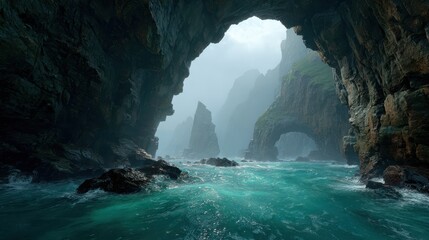 A mesmerizing view from inside a sea cave, revealing towering rock formations and the vast ocean shrouded in mist and mystery