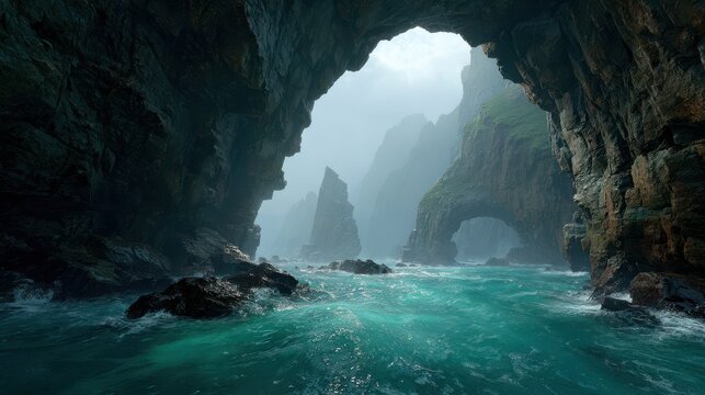 A mesmerizing view from inside a sea cave, revealing towering rock formations and the vast ocean shrouded in mist and mystery - Powered by Adobe