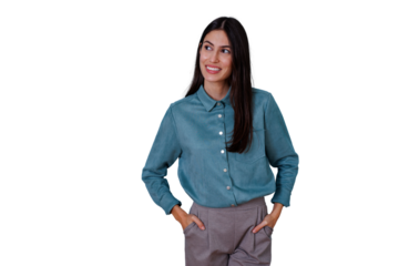 Smiling young woman looking aside with hands in pockets on transparent background, expressing positivity and confidence
