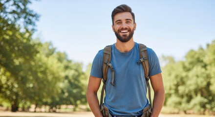 Smiling hiker with a backpack enjoys a sunny day in the forest, surrounded by trees