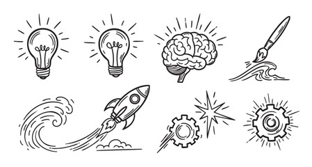 Obraz premium Hand-drawn illustration of creative concepts, featuring light bulbs, a brain, a rocket, gears, a paintbrush, and waves, symbolizing innovation and creativity.