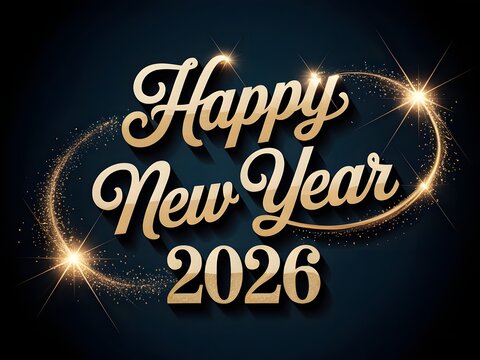 Happy new year 2026 text with sparkling golden light trails and starbursts on a dark blue background, festive celebration concept