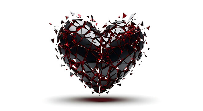 Abstract dark red shattered heart shape formed from geometric fragments isolated on white background