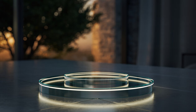 Modern product display on glass podium stand with glowing light. This high end pedestal on dark background offers an elegant and sophisticated presentation for any item