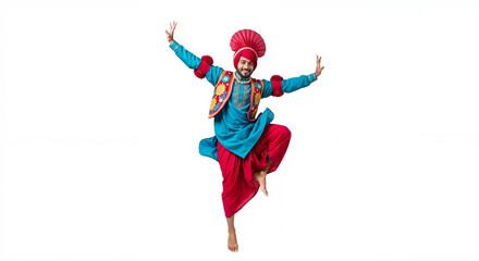 Men dancing bhangra, young man dancing joyfully in traditional attire on isolated background  