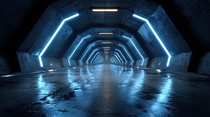 Futuristic tunnel with neon lights, a long corridor with a wet floor and reflective surfaces, creating a sense of depth and mystery