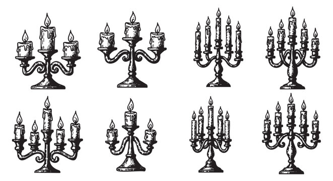 Black and white ink sketches of eight ornate candelabras with multiple burning candles, showcasing intricate designs and varying sizes.