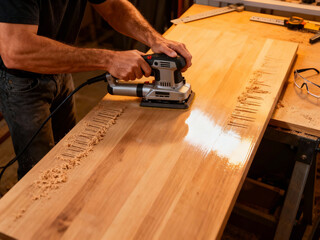 Strong male hands holding multifunctional electric sander and performing sanding actions on wooden board in equipped workshop creating atmosphere of professional craftsmanship and precise work.