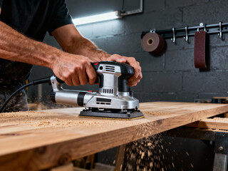 Strong male hands holding multifunctional electric sander and performing sanding actions on wooden board in equipped workshop creating atmosphere of professional craftsmanship and precise work.