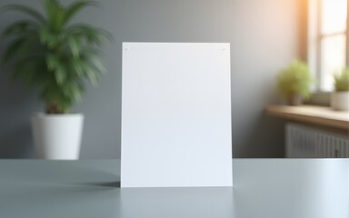 Blank horizontal card standing upright on grey office desk in business environment with soft diffused ambient lighting creating professional minimalist atmosphere with shallow focus. High quality
