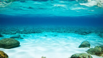Fototapeta premium Crystal clear tropical ocean water with sandy bottom and rocks