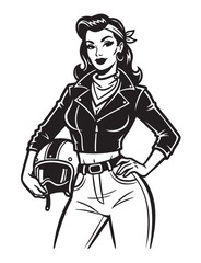 Confident young caucasian female biker in a leather jacket and jeans, holding a helmet with one hand on her hip, exuding a vintage style.