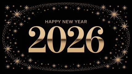 Happy new year 2026 with golden sparkling stars and fireworks on a black background, a festive celebration of the upcoming year