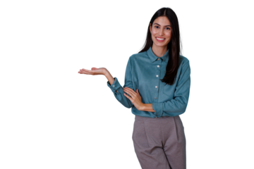 Confident young woman presenting and showing with an open hand gesture, smiling at camera, transparent background