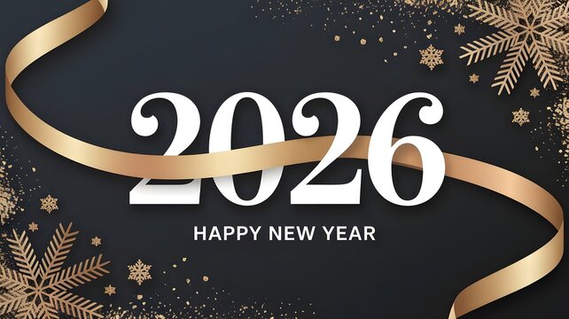Elegant 2026 happy new year greeting with golden ribbon and snowflakes on a dark background, celebrating the upcoming year with festive design elements
