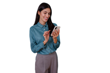 Young woman smiling, happily using her smartphone to text or browse on a transparent background for digital content