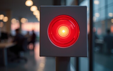 Red warning light in a modern office environment indicating an alert or emergency situation with blurred background and soft bokeh effect lighting effects. High quality