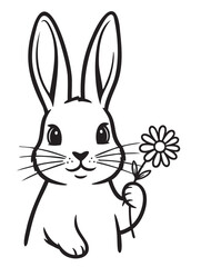 Fototapeta premium Black and white line drawing of a cartoon rabbit holding a daisy, featuring prominent ears and a playful expression.