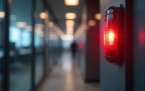 Red warning light in a modern office environment indicating an alert or emergency situation with blurred background and soft bokeh effect lighting effects. High quality