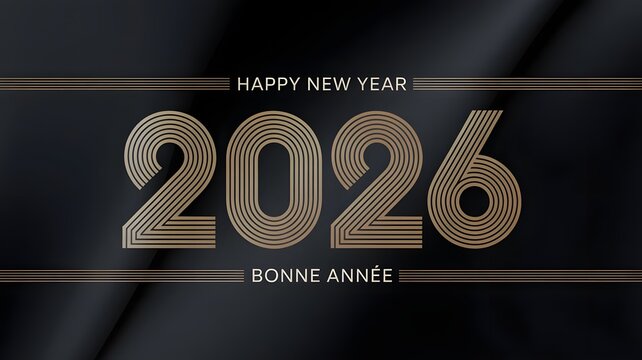 Happy new year 2026 bonne annee elegant golden text on black background with subtle fabric texture, festive celebration greeting card design - Powered by Adobe