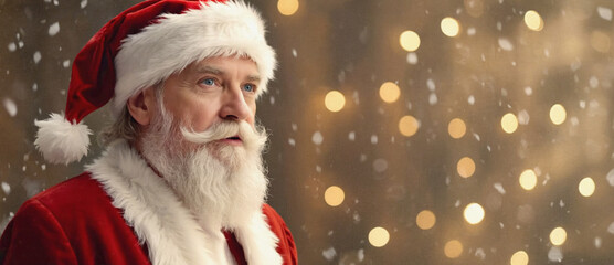 Festive Contemplation: Santa Claus, with a wise expression, pauses amidst a winter wonderland, surrounded by the gentle embrace of falling snow and the soft glow of festive lights.