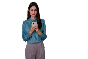 Woman holding smartphone and texting, communicating with friends or customers, using social media app on transparent background