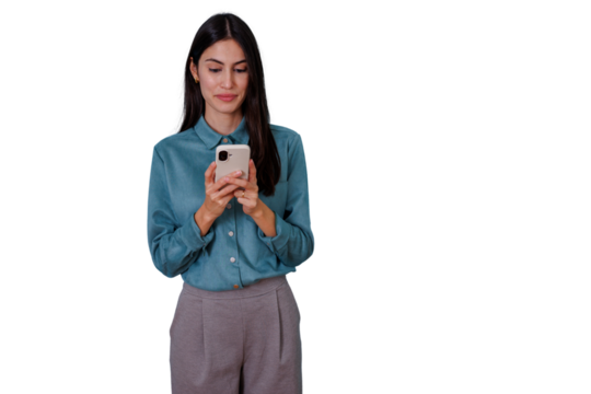 Woman holding smartphone and texting, communicating with friends or customers, using social media app on transparent background