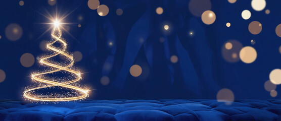 Illuminated Christmas Tree: A radiant, abstract Christmas tree twinkles with golden light against a deep blue backdrop, evoking a sense of festive cheer and holiday spirit.