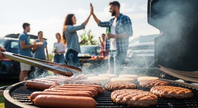 Friends giving a high five while grilling burgers and hot dogs at a summer barbecue party with cars in the background