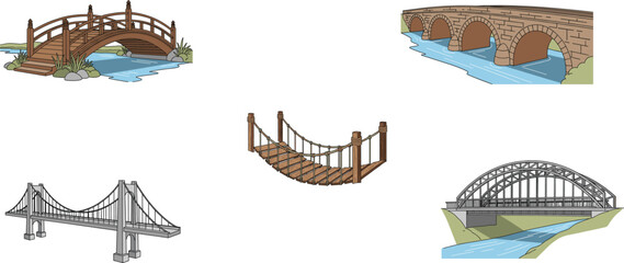 Bridge illustrations, wooden arch bridge, stone arch bridge, rope suspension bridge, modern suspension bridge, steel arch bridge, architectural design, e