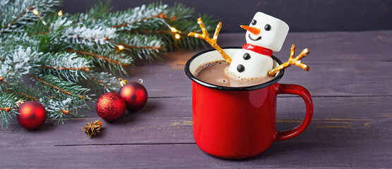Snowman's Cozy Christmas Dip: A festive and charming scene unfolds, featuring a whimsical snowman melting delightfully within a steaming mug of hot cocoa, embracing the warmth of the holidays.