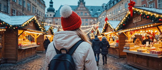 Exploring Christmas Market: A woman with a cheerful hat wanders through a bustling Christmas market. The air is alive with the festive atmosphere and aroma. Christmas market stalls glisten.