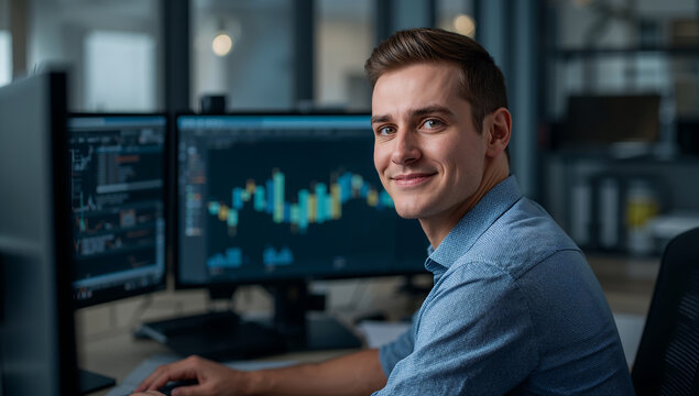 Young professional man analyzing financial data charts modern office