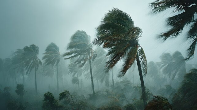 Palm trees sway violently in the wind as a powerful hurricane approaches the coast, bringing heavy rain and dangerous conditions