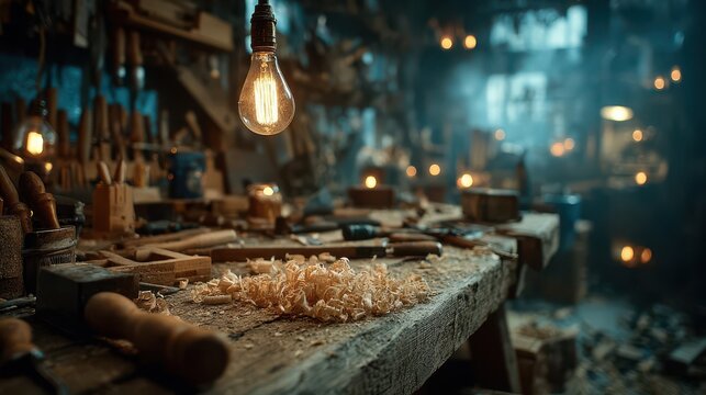 The carpenters workbench is covered in wood shavings, with a light bulb hanging above, illuminating the workshops tools
