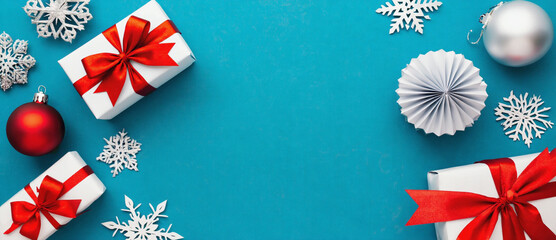 Holiday cheer flat lay: Festive gifts and ornaments lay on a vibrant surface, creating a visual symphony of holiday spirit. A harmonious arrangement perfect for evoking the season's joy.