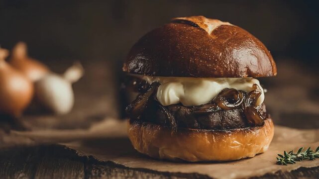 Gourmet burger with caramelized onions and creamy cheese on a brioche bun in a rustic setting.