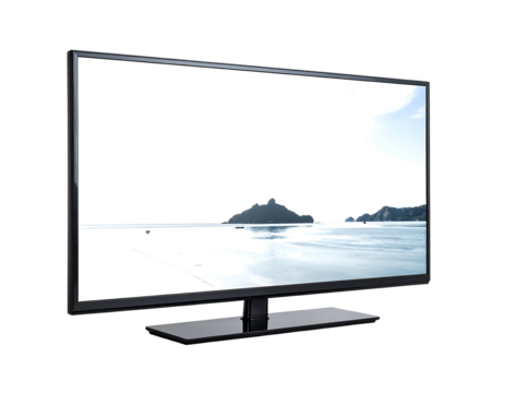 A black flatscreen TV displays a bright coastal scene with calm, light blue waters and a distant island against a black background