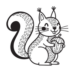 Naklejka premium Black outline vector of a cheerful squirrel holding an acorn, showcasing playful features and intricate fur details.