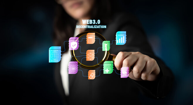 The Web 3.0 decentralization technology ecosystem. A flowchart of interconnected concepts like AI, blockchain, security, and decentralized finance. Motif