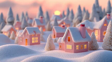 A charming miniature winter village scene with pink houses and snowcovered trees at sunset, creating a cozy and festive atmosphere