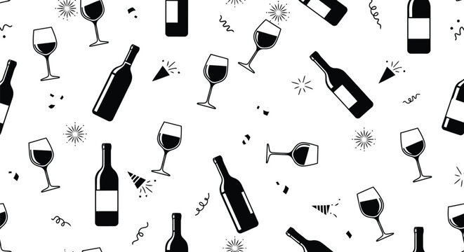 Wine bottles and glasses black and white seamless pattern background vector illustration party graphic.