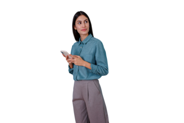 Young businesswoman holding a phone, texting or scrolling, looking aside with a pensive expression, considering data or messages